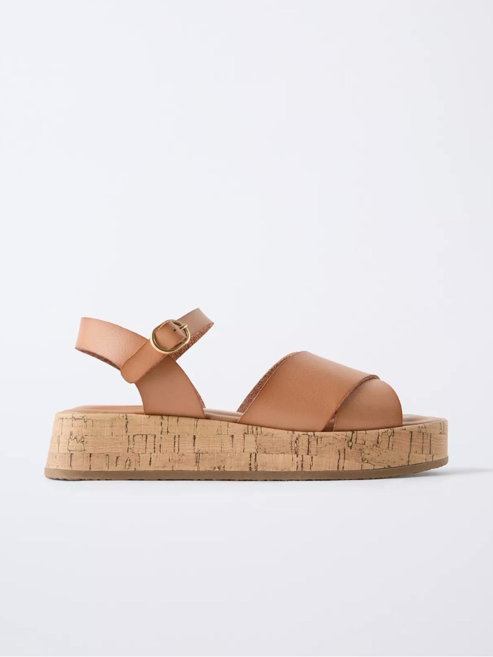Zara Tan Leather Cork Kids Platform Sandals with Gold Buckle